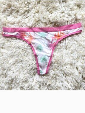 New Victoria's Secret Thong Panty Small White Pink Multi Palm Tree Print NWT